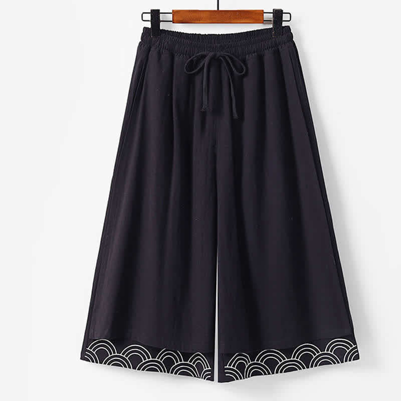 Buddha Stones Summer Embroidery Capri Length Cotton Linen Men's Wide Leg Pants With Pockets - Black - US/UK/AU50，EU60 (7XL) - image 3