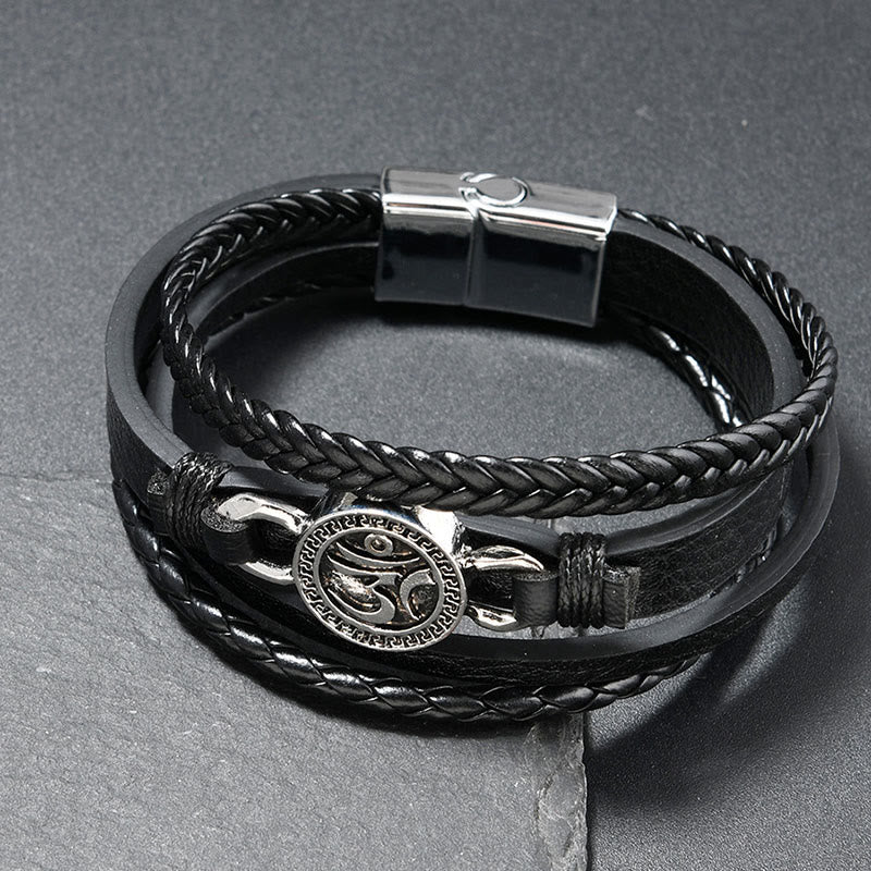 Buddha Stones Om Round Engraved Multilayered Braided Retro Leather Bracelet - Black Leather(Wrist Circumference: 18-19cm) - image 1