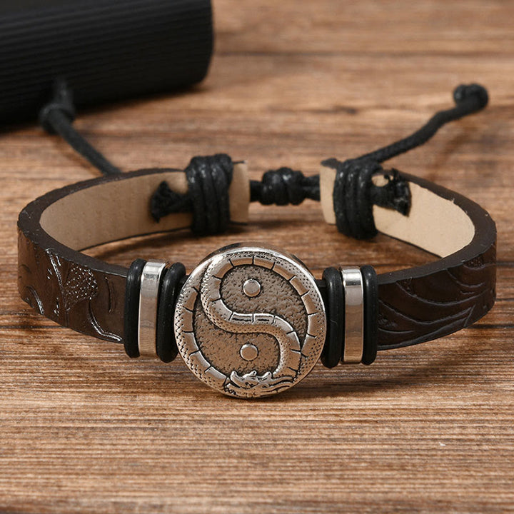 Buddha Stones Round Engraved YIN YANG Dragon Leather Balance Bracelet - SaddleBrown Leather(Wrist Circumference: 15-20cm) - image 2