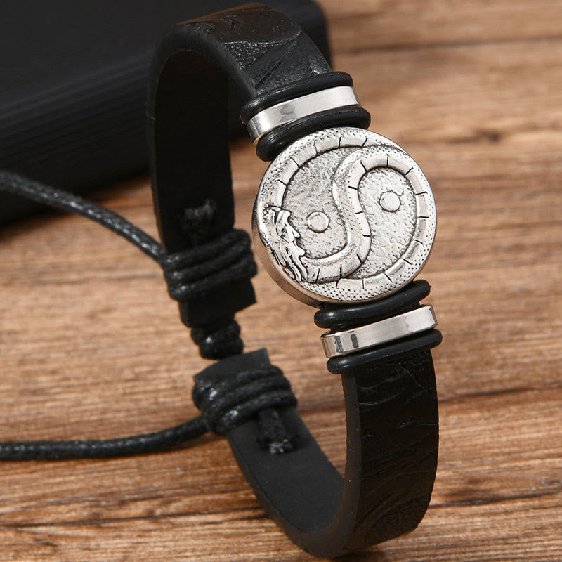 Buddha Stones Round Engraved YIN YANG Dragon Leather Balance Bracelet - image 7