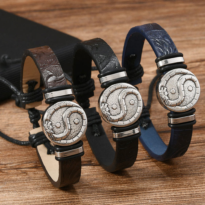 Buddha Stones Round Engraved YIN YANG Dragon Leather Balance Bracelet - image 10