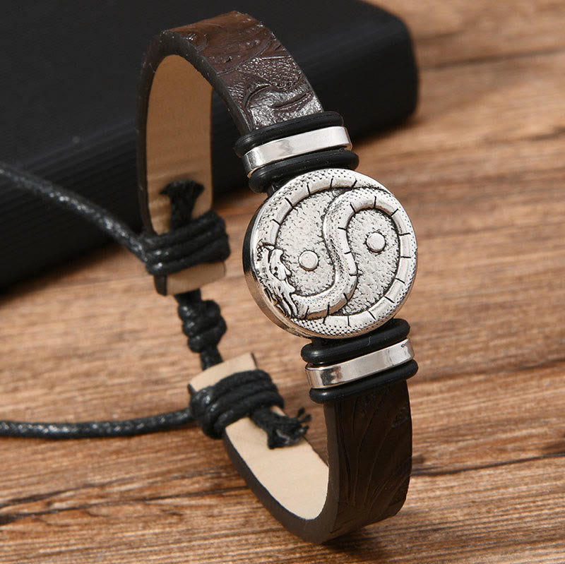 Buddha Stones Round Engraved YIN YANG Dragon Leather Balance Bracelet - image 3