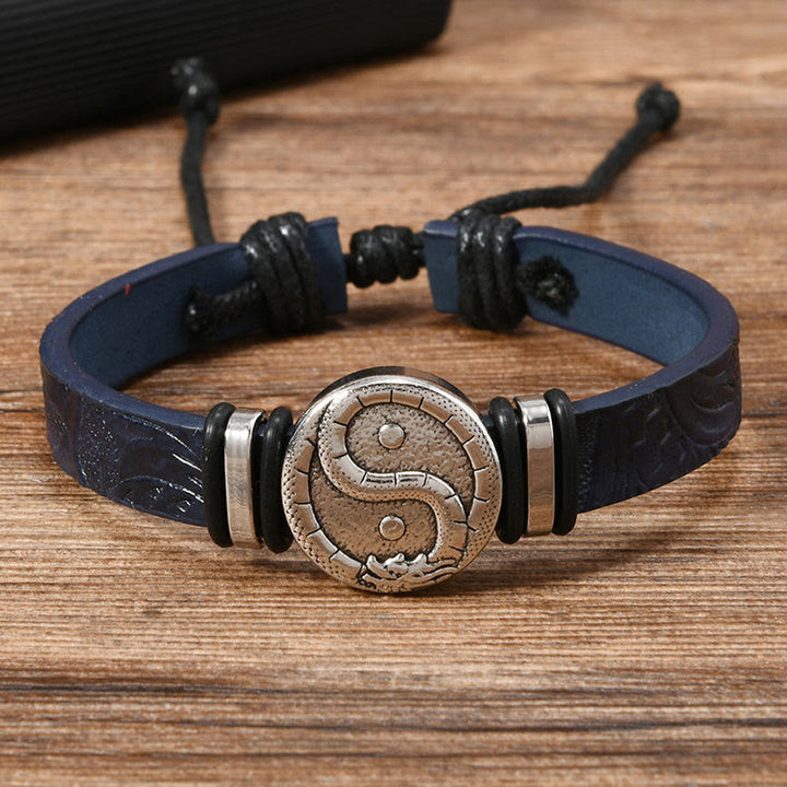 Buddha Stones Round Engraved YIN YANG Dragon Leather Balance Bracelet - SteelBlue Leather(Wrist Circumference: 15-20cm) - image 0