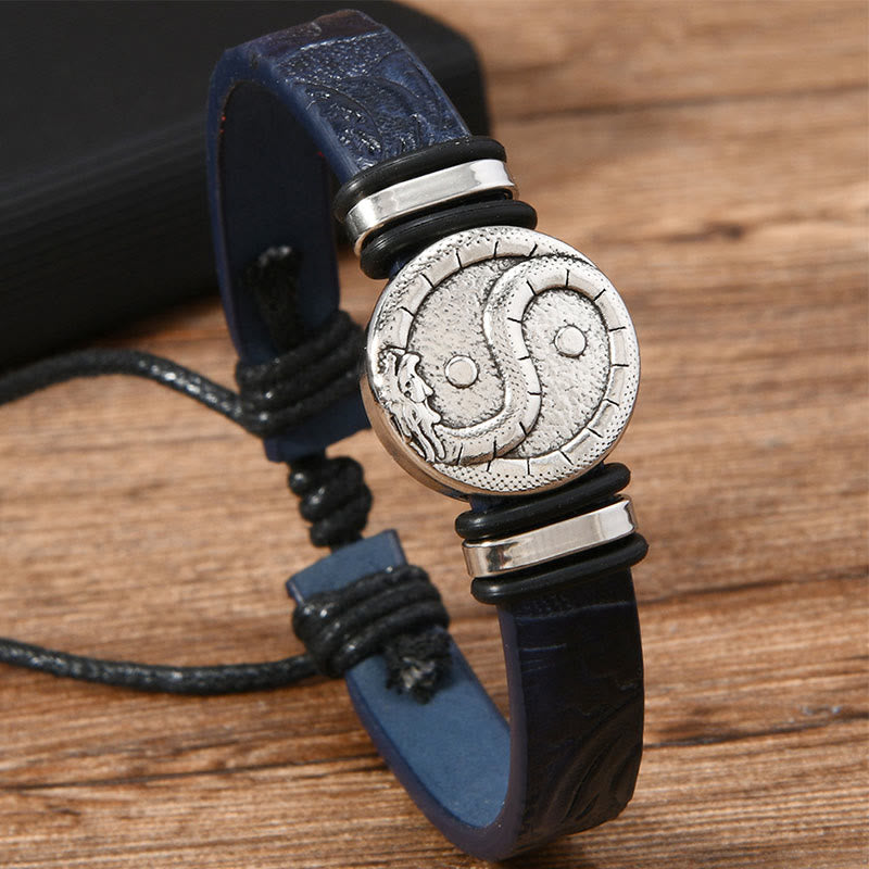 Buddha Stones Round Engraved YIN YANG Dragon Leather Balance Bracelet - image 1