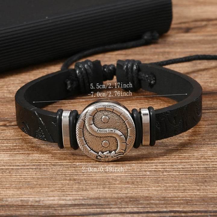 Buddha Stones Round Engraved YIN YANG Dragon Leather Balance Bracelet - image 9