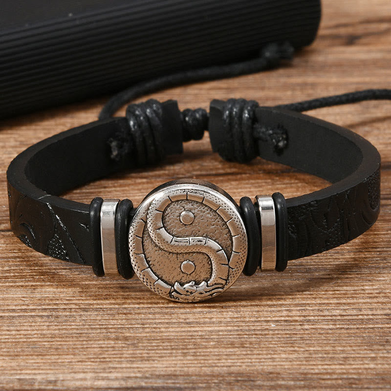 Buddha Stones Round Engraved YIN YANG Dragon Leather Balance Bracelet - Black Leather(Wrist Circumference: 15-20cm) - image 6