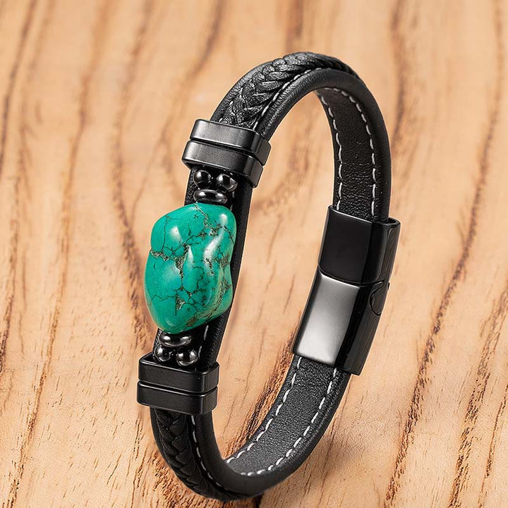Buddha Stones Synthetic Turquoise Braided Leather Bold Bracelet - Green Leather - 21cm - image 2