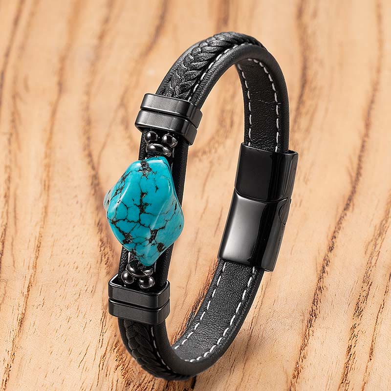 Buddha Stones Synthetic Turquoise Braided Leather Bold Bracelet - Blue Leather - 21cm - image 1
