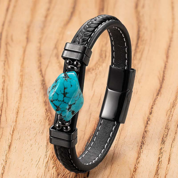 Buddha Stones Synthetic Turquoise Braided Leather Bold Bracelet - Blue Leather - 21cm - image 1
