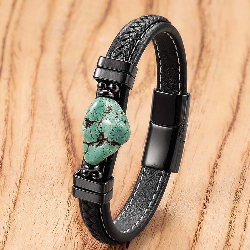 Buddha Stones Synthetic Turquoise Braided Leather Bold Bracelet - Light Green Leather - 21cm - image 0