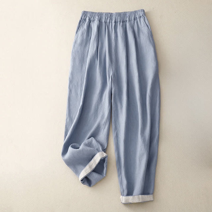 Buddha Stones Summer Plain Elastic Waist Two-tone Cuffs Cropped Women's Tapered Pants With Pockets - image 0