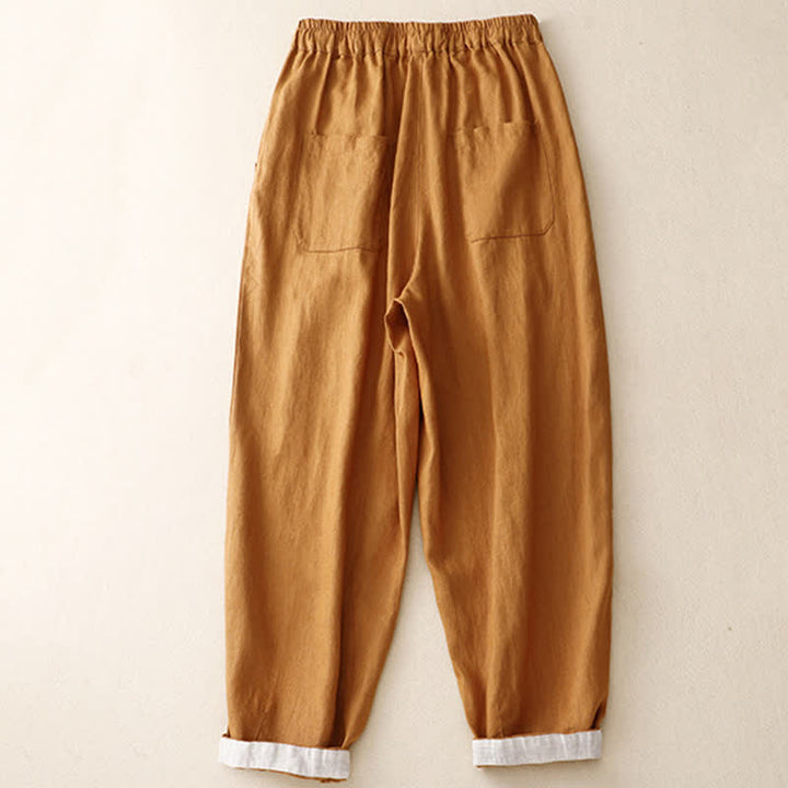 Buddha Stones Summer Plain Elastic Waist Two-tone Cuffs Cropped Women's Tapered Pants With Pockets - image 17