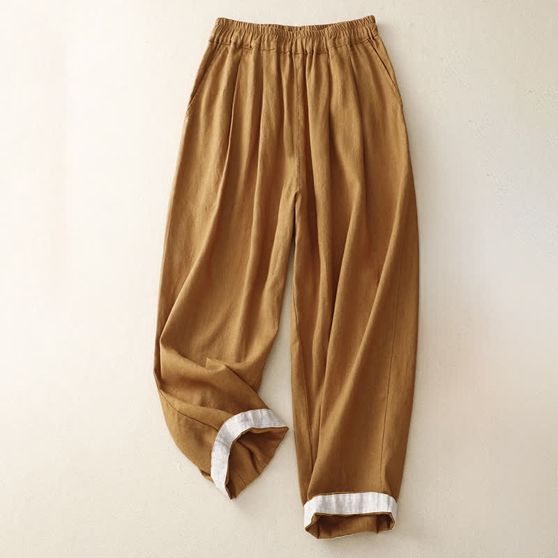 Buddha Stones Summer Plain Elastic Waist Two-tone Cuffs Cropped Women's Tapered Pants With Pockets - image 16