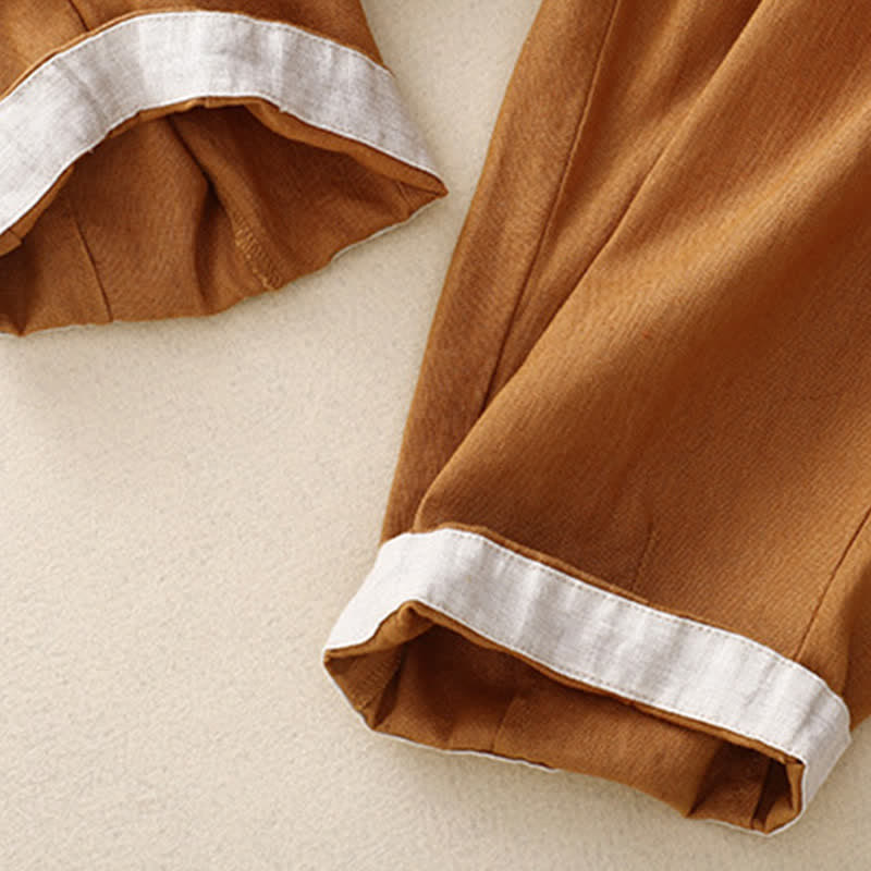 Buddha Stones Summer Plain Elastic Waist Two-tone Cuffs Cropped Women's Tapered Pants With Pockets - image 25