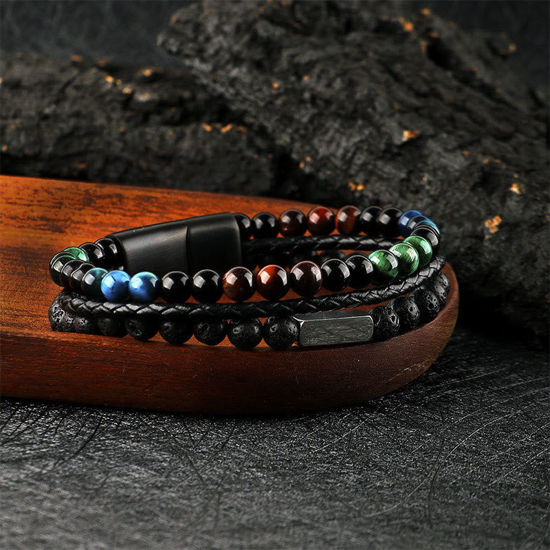 Buddha Stones Tiger Eye Lava Rock Bead Braided Strength Leather Bracelet - image 1