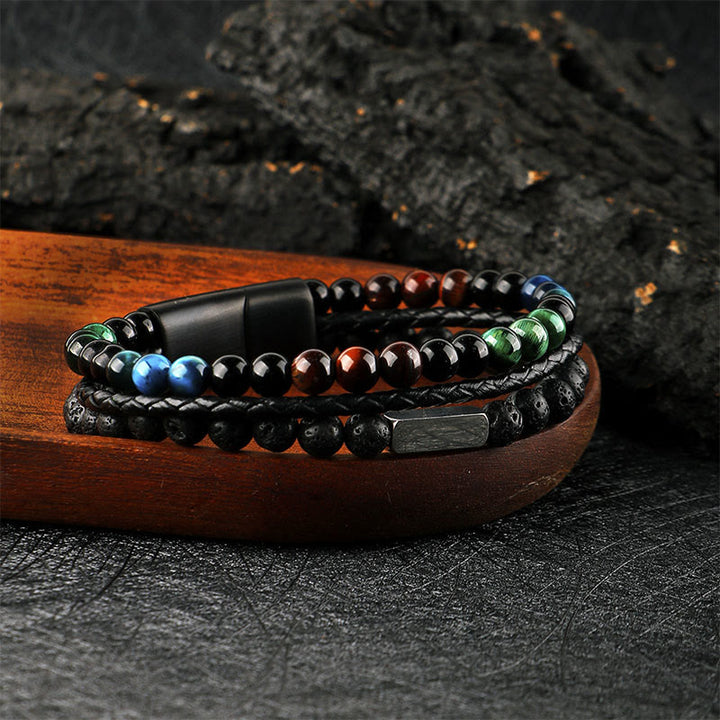 Buddha Stones Tiger Eye Lava Rock Bead Braided Strength Leather Bracelet - image 1
