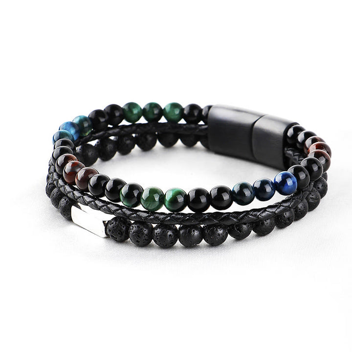 Buddha Stones Tiger Eye Lava Rock Bead Braided Strength Leather Bracelet - image 2