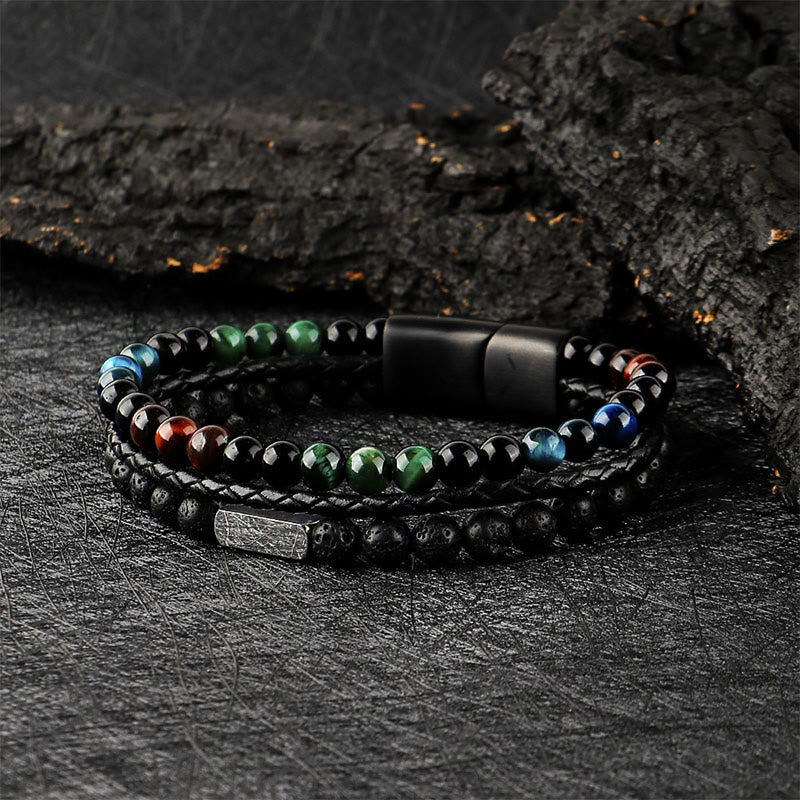 Buddha Stones Tiger Eye Lava Rock Bead Braided Strength Leather Bracelet - Tiger Eye Lava Rock(Wrist Circumference: 18-19cm) - image 0
