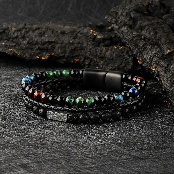 Buddha Stones Tiger Eye Lava Rock Bead Braided Strength Leather Bracelet - Tiger Eye Lava Rock(Wrist Circumference: 18-19cm) - image 0