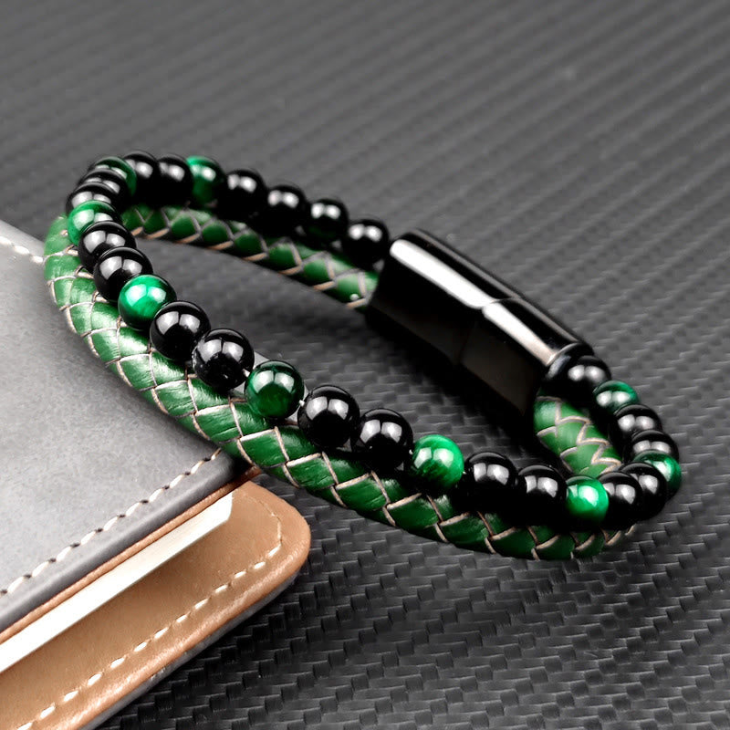 Buddha Stones Green Tiger Eye Double Wrap Braided Leather Strength Bracelet - image 3