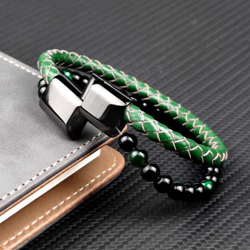 Buddha Stones Green Tiger Eye Double Wrap Braided Leather Strength Bracelet - image 2