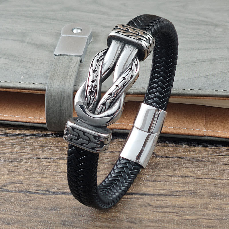 Buddha Stones Knot Design Braided Leather Balance Bracelet - Titanium Steel Leather(Wrist Circumference: 19cm) - image 0
