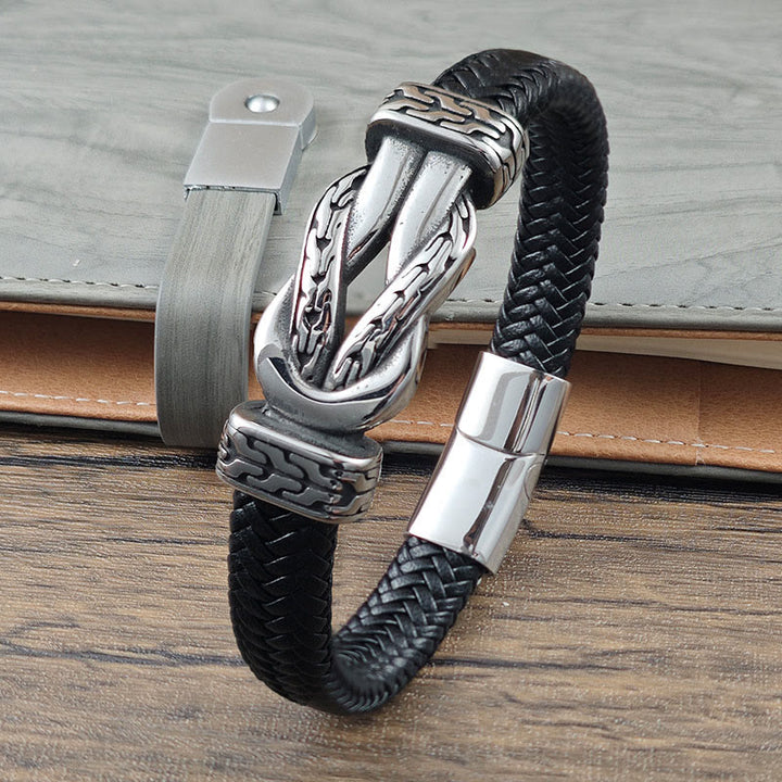 Buddha Stones Knot Design Braided Leather Balance Bracelet - Titanium Steel Leather(Wrist Circumference: 19cm) - image 0