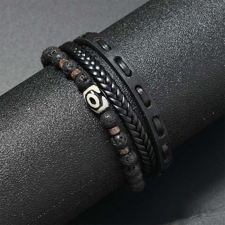 Buddha Stones Dzi Bead Lava Rock Multilayered Braided Leather Wealth Bracelet - image 1