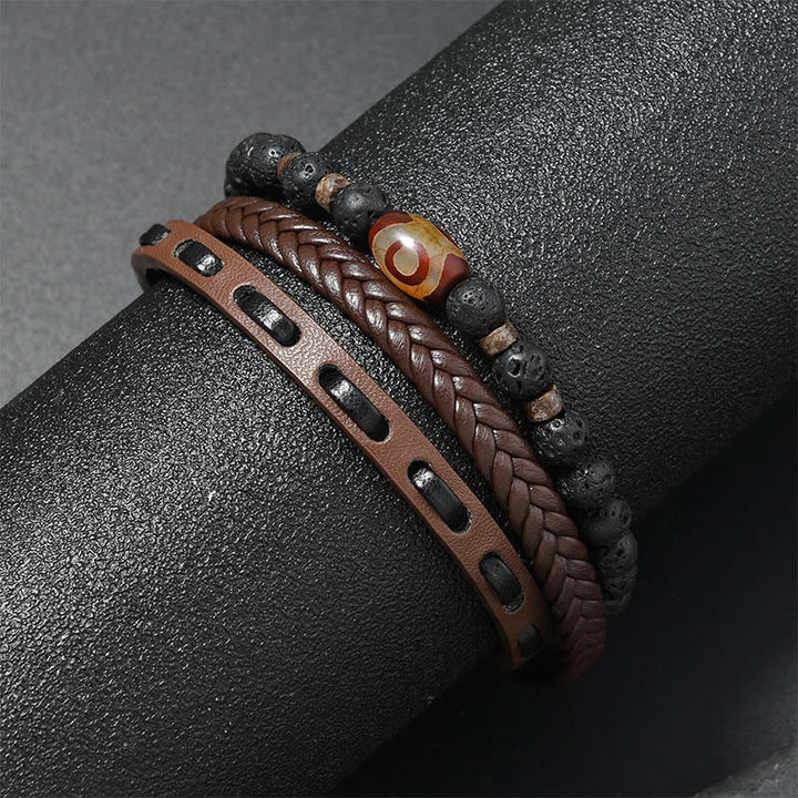 Buddha Stones Dzi Bead Lava Rock Multilayered Braided Leather Wealth Bracelet - image 4