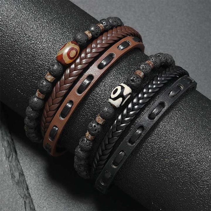 Buddha Stones Dzi Bead Lava Rock Multilayered Braided Leather Wealth Bracelet - image 9