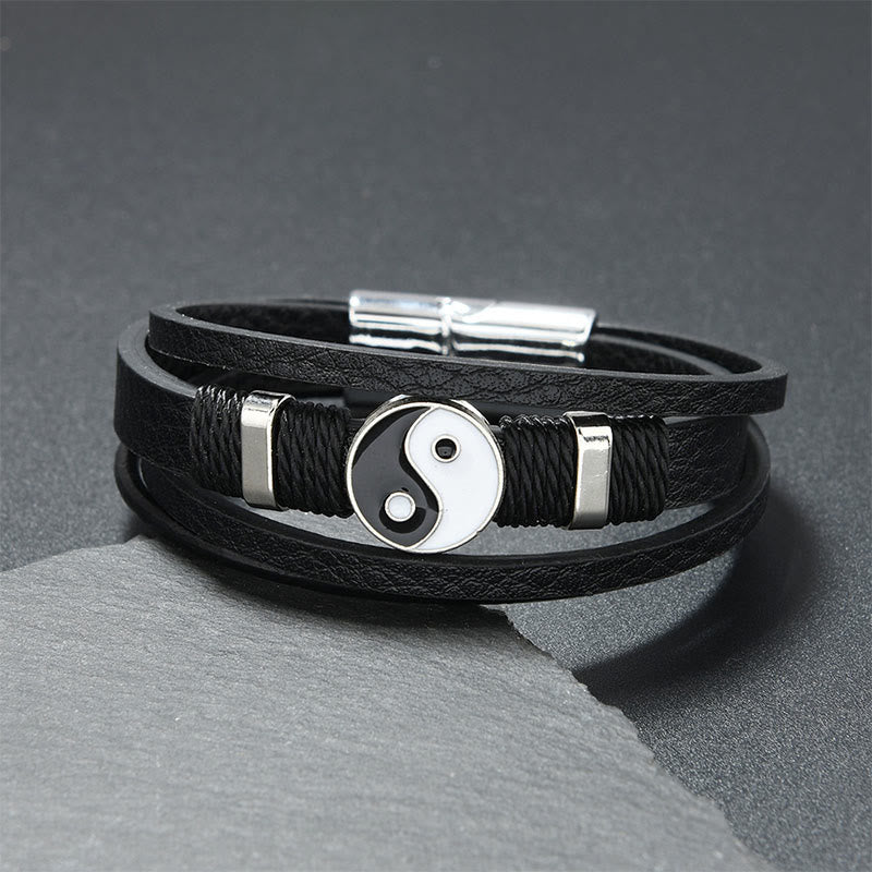 Buddha Stones Black White YIN YANG Multilayered Leather Balance Bracelet - Black Leather(Wrist Circumference: 18-19cm) - image 0