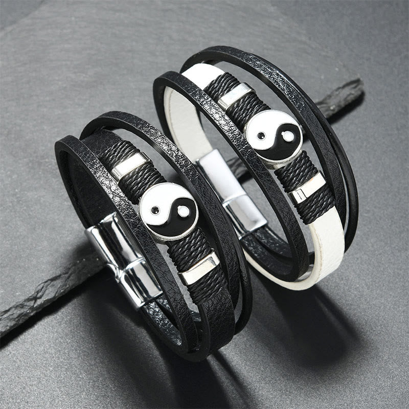 Buddha Stones Black White YIN YANG Multilayered Leather Balance Bracelet - image 3