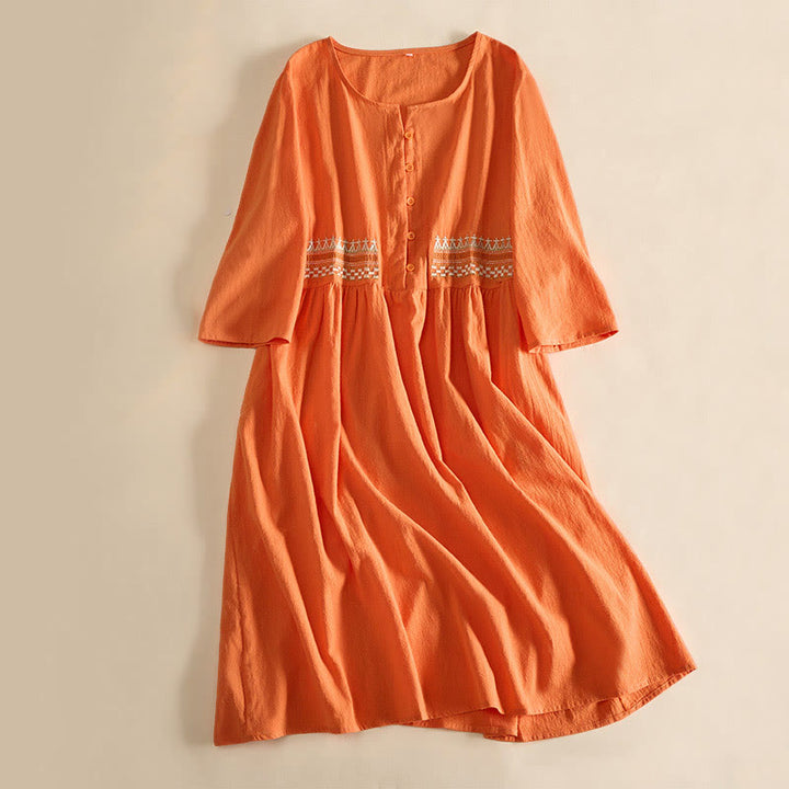 Buddha Stones Embroidery Geometry Half Sleeve Women's Midi Dress With Pockets - image 0