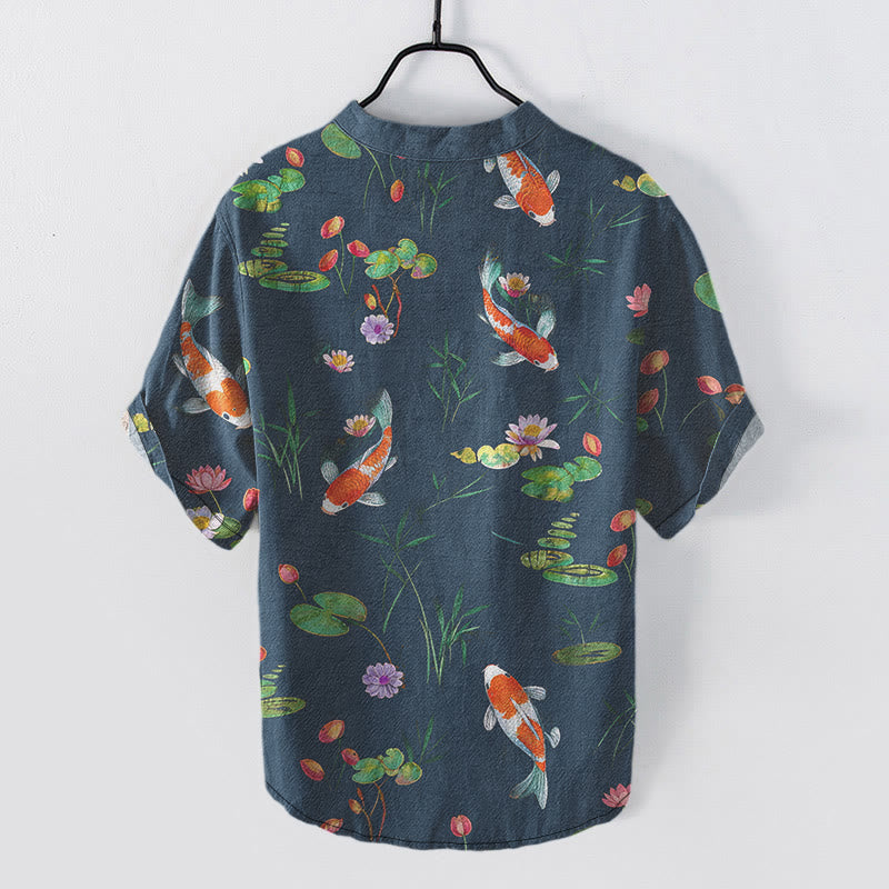 Buddha Stones Cotton Koi Fish Lotus Pattern Men's Short Sleeve Half Button Shirt - image 5