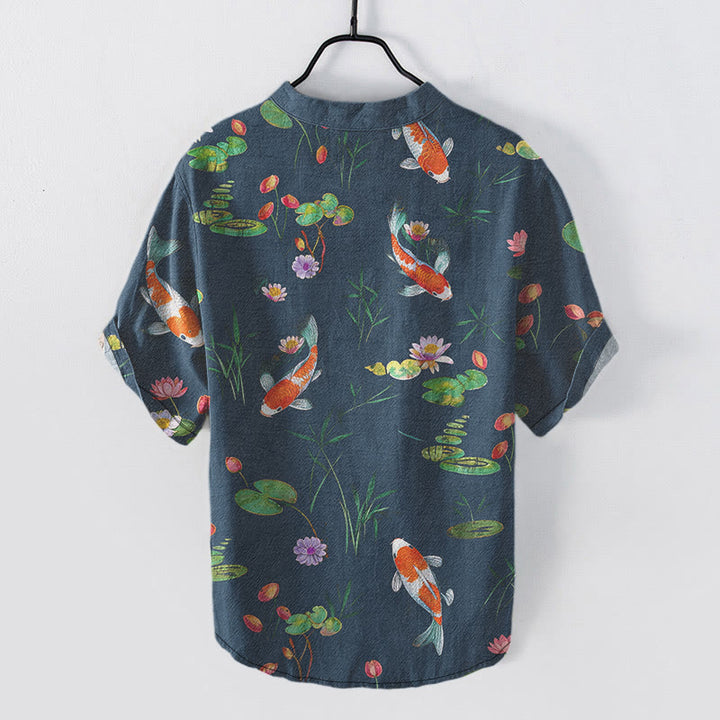 Buddha Stones Cotton Koi Fish Lotus Pattern Men's Short Sleeve Half Button Shirt - image 5