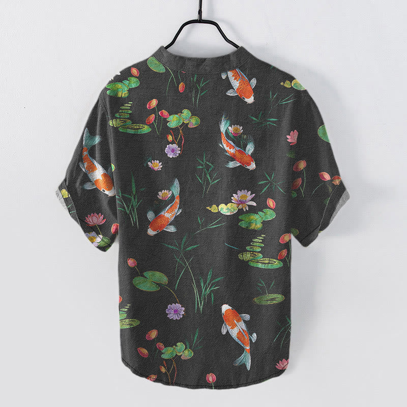 Buddha Stones Cotton Koi Fish Lotus Pattern Men's Short Sleeve Half Button Shirt - image 1