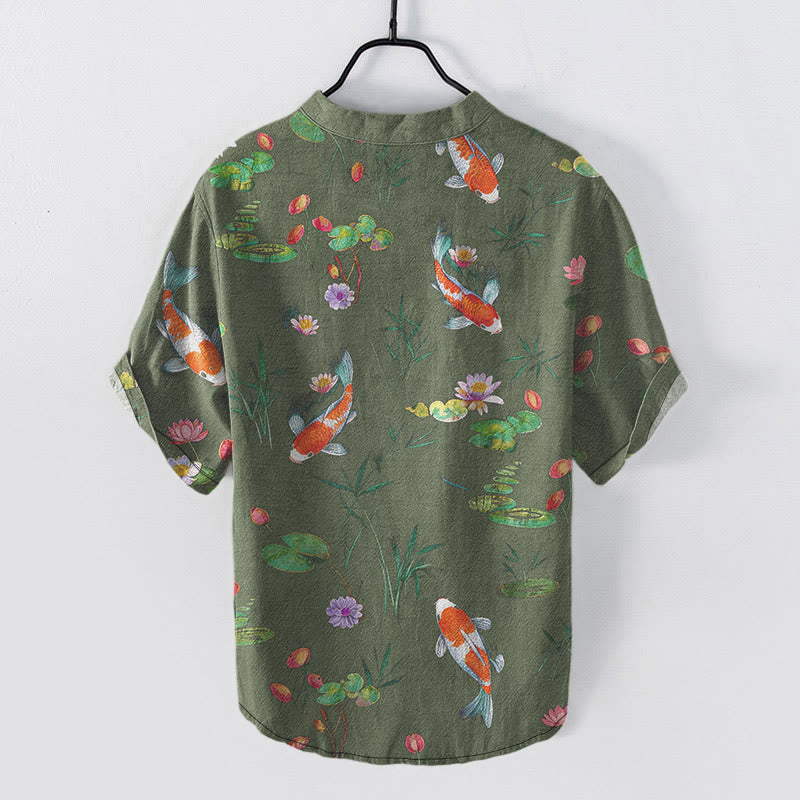 Buddha Stones Cotton Koi Fish Lotus Pattern Men's Short Sleeve Half Button Shirt - image 7