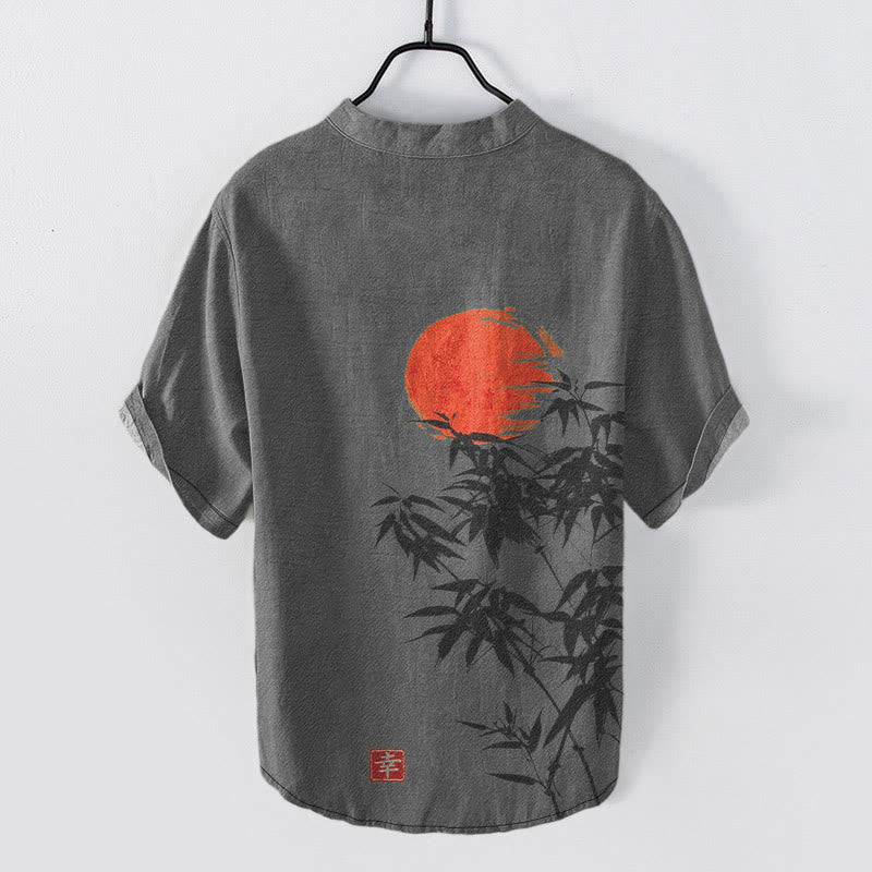 Buddha Stones Cotton Simple Red Sun Bamboo Pattern Men's Short Sleeve Half Button Shirt - image 5