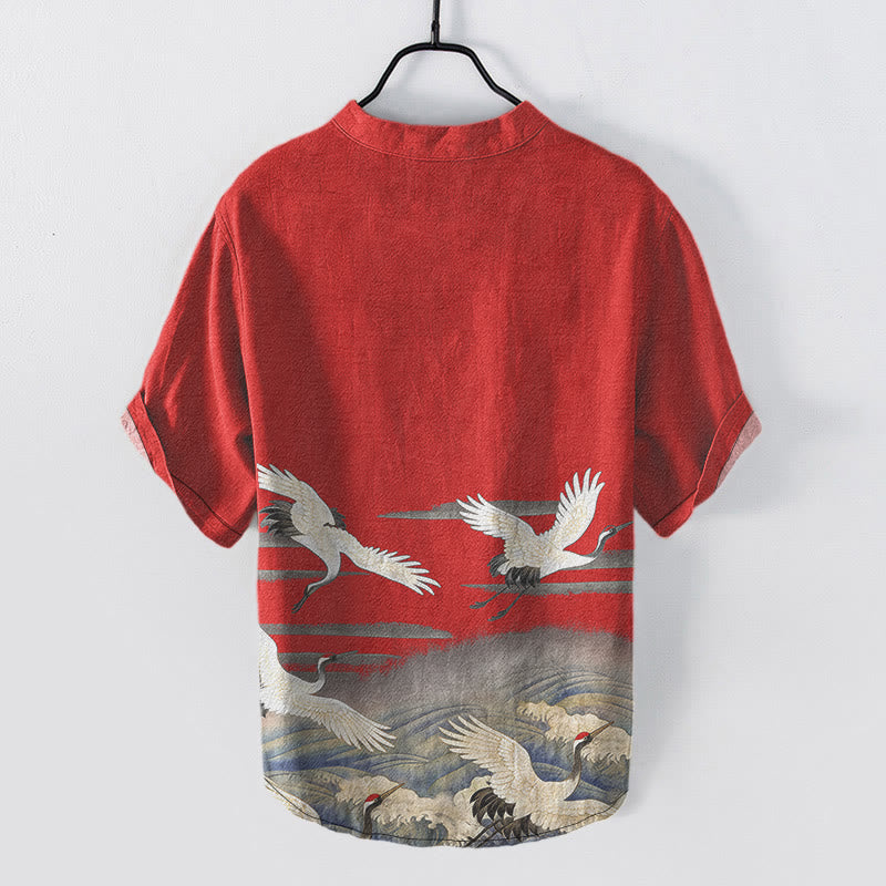 Buddha Stones Cotton Crane Waves Pattern Men's Short Sleeve Half Button Shirt - image 7