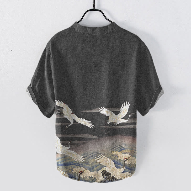 Buddha Stones Cotton Crane Waves Pattern Men's Short Sleeve Half Button Shirt - image 1