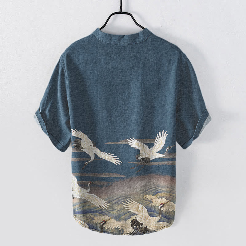 Buddha Stones Cotton Crane Waves Pattern Men's Short Sleeve Half Button Shirt - image 5