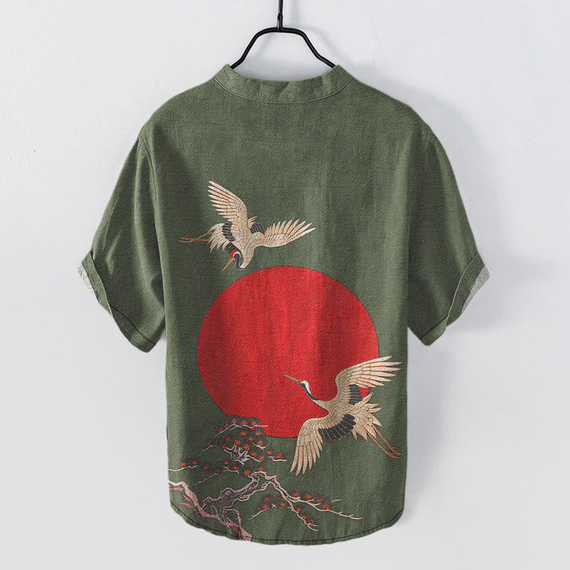 Buddha Stones Cotton Simple Crane Red Sun Pine Pattern Men's Short Sleeve Half Button Shirt - image 7