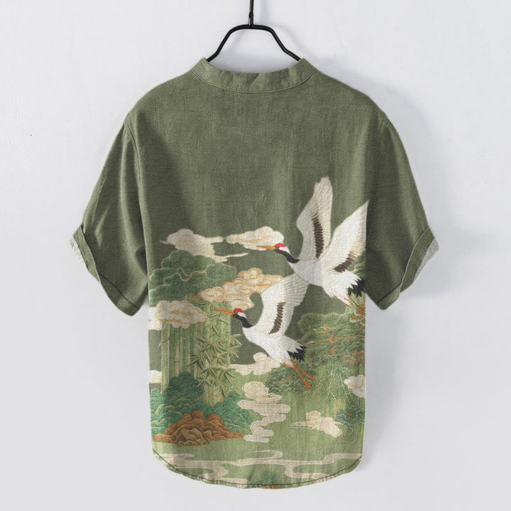 Buddha Stones Cotton Crane Auspicious Clouds Landscapes Pattern Men's Short Sleeve Half Button Shirt - image 1