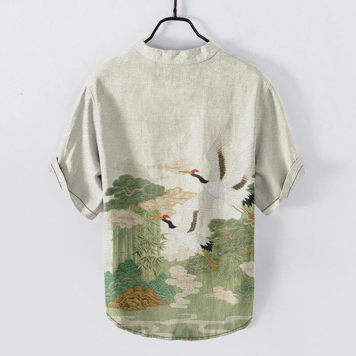 Buddha Stones Cotton Crane Auspicious Clouds Landscapes Pattern Men's Short Sleeve Half Button Shirt - image 7