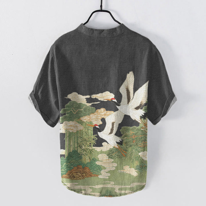 Buddha Stones Cotton Crane Auspicious Clouds Landscapes Pattern Men's Short Sleeve Half Button Shirt - image 5