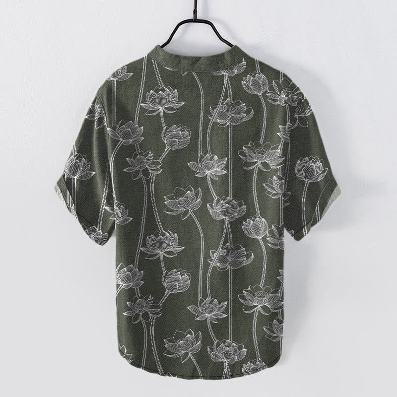 Buddha Stones Cotton Harmonious Lotus Pattern Men's Short Sleeve Half Button Shirt - image 1