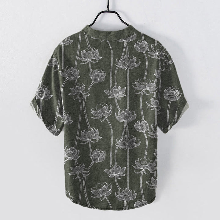 Buddha Stones Cotton Harmonious Lotus Pattern Men's Short Sleeve Half Button Shirt - image 1