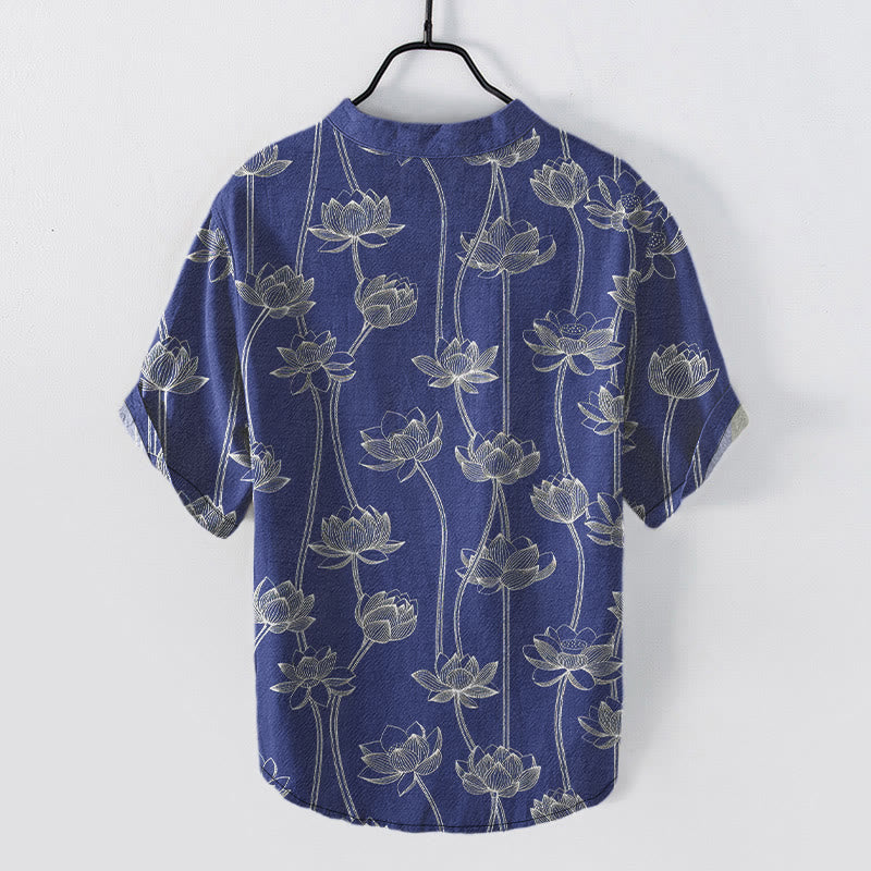 Buddha Stones Cotton Harmonious Lotus Pattern Men's Short Sleeve Half Button Shirt - image 7