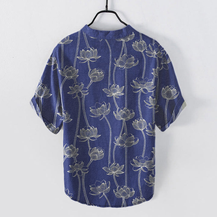 Buddha Stones Cotton Harmonious Lotus Pattern Men's Short Sleeve Half Button Shirt - image 7