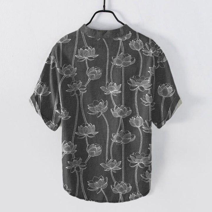 Buddha Stones Cotton Harmonious Lotus Pattern Men's Short Sleeve Half Button Shirt - image 5